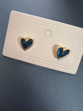💙 NEW Gold Heart Stud Earrings with Blue Inlay 💙